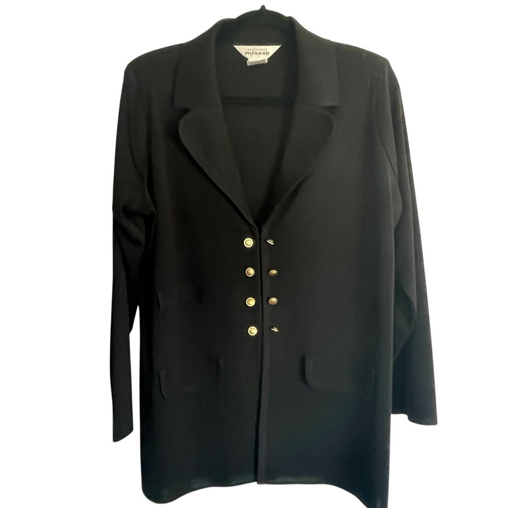 Misook Cardigan Women Size L Black Gold Buttons Fake Pockets Travel Career Retro